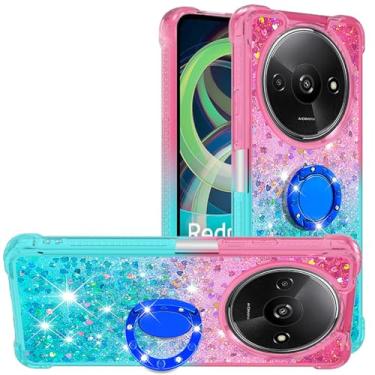 Imagem de Monwutong Capa de ajuste fino para Redmi A3, brilhante brilhante efeito areia movediça TPU bumper ring bracket, quatro cantos capa de proteção anti-queda para Redmi A3, rosa azul