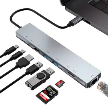 Imagem de Adaptador USB C Hub Ethernet HDMI 4K, adaptador multiportas USB C 8 em 1 para RJ45 Ethernet USB 3.0 OTG SD/TF Leitor de cartão USB-C Dados 100W PD Porta de carregamento para MacBook Pro/Air, iPhone 16