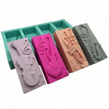 Imagem de 4 cavidades molde de sabão de silicone musical perfumado cera resina gesso artesanato molde de silicone guitarra baixo trompete design saxofone sabão moldes de silicone