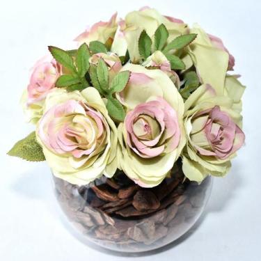 Imagem de Arranjo de Rosas Artificiais Verdes Rosadas em Vaso de Vidro - Vila da
