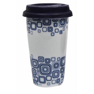 Imagem de Starfrit Taza To Go Caneca de cerâmica de parede dupla de 473 ml com tampa de silicone, quadrados roxos