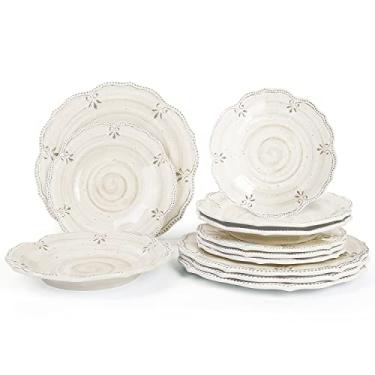 Imagem de Conjuntos de louça com 12 peças, pratos e tigelas, pratos de melamina, uso interno e externo, estilo quadra francesa, conjunto de pratos para 4 lava-louças (branco)