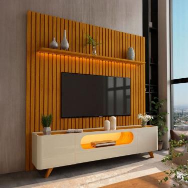 Imagem de Rack com Painel para TV Até 85 Polegadas Nobre 2 Portas Ripado 100% Mdf com Led Naturalle/Off White - Gelius