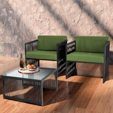 Imagem de Conjunto De 2 Poltronas E Mesa De Centro Quadrada Com Tampo Preto/verde