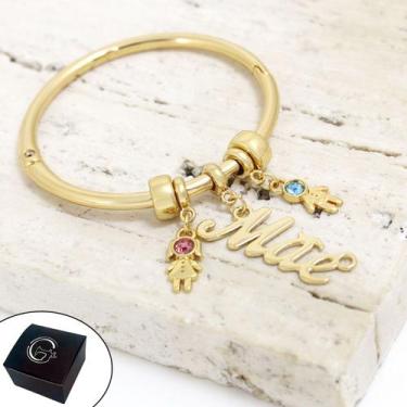 Imagem de Bracelete Circular Banhado a Ouro Mãe e Filhos Zircônia Rosa e Azul - 