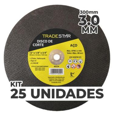 Imagem de Kit c/ 25 Disco de Corte Metal 12" 300x3,0 mm Furo 19,05 mm - Tradesta