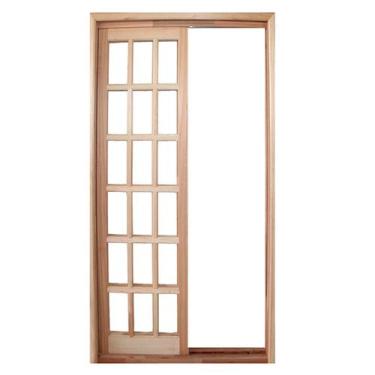 Imagem de Porta Balcão de Correr de Madeira Padrão Cedro Quadriculada 2 Folhas R