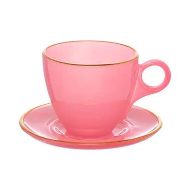 Imagem de Conjunto 4 Xícaras de Café com Pires Borda Dourada Linha Premium Rosa 85ml JGXC088RS - Hauskraft