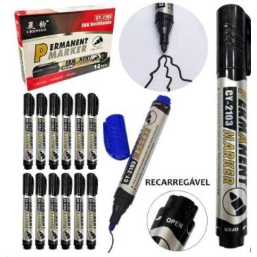 Imagem de Marcador Permanente Recarregável Preto/Azul com 12 pçs - PEN TECH