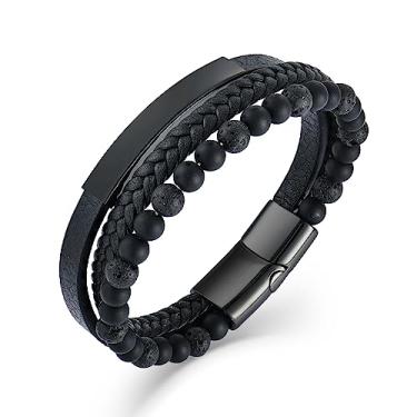 Imagem de Raymard Pulseira masculina com contas de pedra vulcânica e ônix preto, olho de tigre mate, preto trançado para homens, Couro, Sem pedras preciosas