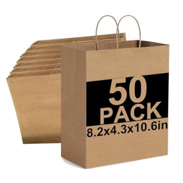 Imagem de KTKDE 50 sacos de papel 20 x 10 x 26 cm, sacolas de festa, sacolas de compras, sacolas de varejo, sacolas de mercadorias, sacolas de papel Kraft marrom reciclado com alças a granel