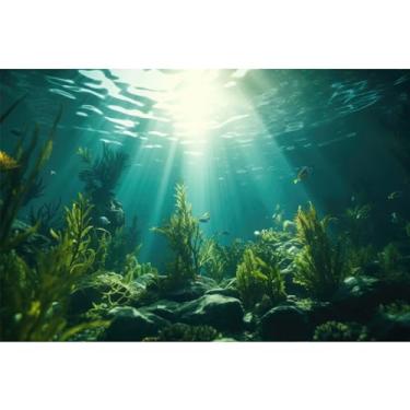 Imagem de Riivvdise Fundo de aquário oceano, plantas aquáticas com rochas, terrário, pano de fundo, raios de luz solar, fundo de tanque de peixes, fundo de aquário, papel de parede, decoração de vinil, 61 x 30