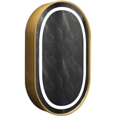 Imagem de Espelhos de penteadeira armário de espelho oval armário de banheiro montado na parede armário de remédios de madeira armário de armazenamento com luz, ouro com luz, 50 x 80 x 14 cm