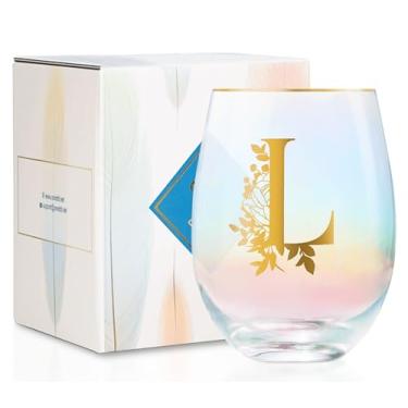 Imagem de Onebttl Presentes de vinho personalizados para mulheres, taça de vinho sem haste fofa com iniciais, presentes de monograma para amantes de vinho em aniversários de Natal, G