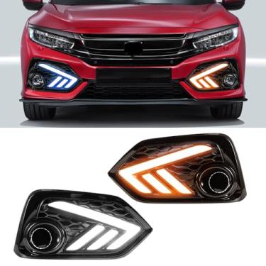 Imagem de Fancemot Faróis de neblina de LED luzes brancas de circulação diurna (DRL) luzes de seta âmbar luzes azuis de farol baixo compatíveis com Honda Civic Hatchback 2016-2021