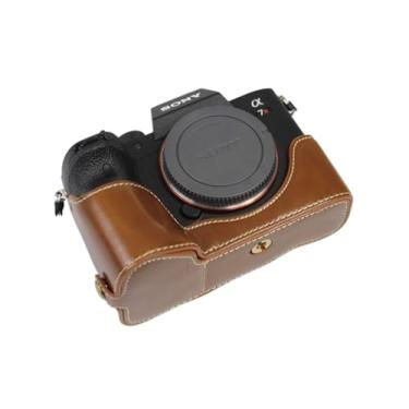 Imagem de Capa A7R IV, BolinUS feita à mão de couro PU meia câmera capa inferior abertura versão para Sony Alpha A7R IV com alça de mão, Marrom