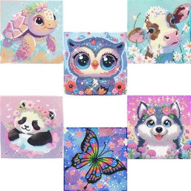 Imagem de Pacote com 6 kits de pintura de diamante 5D para crianças, kits de arte de diamante de animais fofos para iniciantes, kits de mosaico infantil faça você mesmo para meninas e meninos de 6 a 8 a 9 a 10