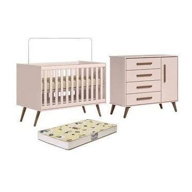 Imagem de Berço Mini Cama com Colchão e Cômoda Encanto Retrô Rosa Qmovi