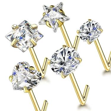 Imagem de Brincos de nariz banhados a ouro 14K 316L, 22 g/20 g/18 g, piercing de nariz em forma de L, parafuso ósseo, piercing de narina, 1,5 mm, 2 mm, 2,5 mm, 3 mm, 3,5 mm, 4,5 mm, zircônia cúbica, para mulheres, Aço inoxidável, Zircônia cúbica
