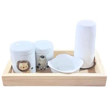 Imagem de Kit higiene bebê safari 5 peças - Bandeja, Garrafa térmica, potes e mo