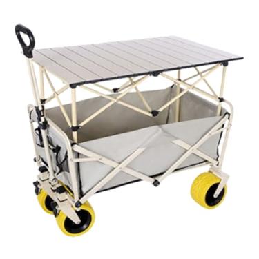 Imagem de carroça Carrinho de vagão com rodas dobrável, carrinho de jardim de acampamento com alça ajustável, vagão de praia com rodas grandes e mesa dobrável dobrável