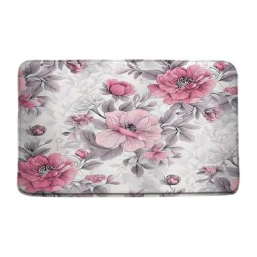 Imagem de LAEDCIITI Tapete de banho floral rosa cinza aquarela floral primavera flor moderna estética flor elegante flor silvestre vintage tapete de banho rústico, tapete absorvente, tapete de quarto, cozinha