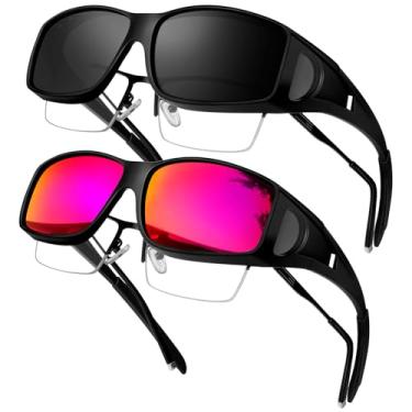 Imagem de KANASTAL Óculos de Sol Feminino Polarizado Sobrepor Masculino Fúcsia Espelhado Escuro Preto 2 Pares sobre Oculos Proteção UV400 Envolventes Sunglasses Fit over Glasses -Fúcsia + Preto