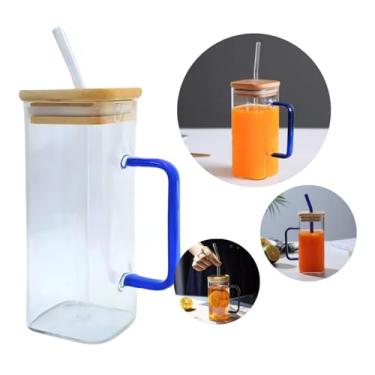 Imagem de Copo De Vidro Com Alça 300ml Caneca Com Tampa De Bambu Canudo Borossilicato Bebidas Geladas Quentes Chá Café (Canudo e Alça Transparente)