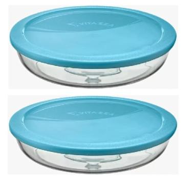 Imagem de Kit 2 Assadeiras Travessa De Vidro Redondo Com Tampa Plástica 26 Cm