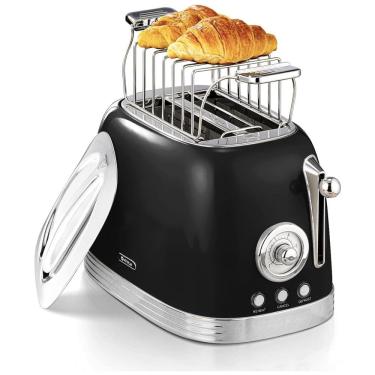 Imagem de Torradeira 2 Fatias Vintage com Tampa de Aço Inoxidável, Acessório para Pão, 6 Níveis de Tostagem e Funções de Pré-aquecimento, 110V 815W,