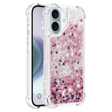 Imagem de Capa de telefone à prova de choque para iPhone 16 com glitter líquido de areia movediça e corações flutuantes, capa de TPU de camada dupla reforçada com 4 cantos, protetor de telefone seguro
