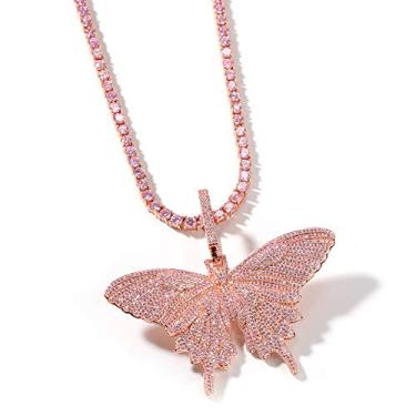Imagem de KMASAL Colar com pingente hip hop de borboleta rosa 18 K banhado a ouro 18 K totalmente CZ simulado para homens e mulheres, Metal, Zircônia cúbica