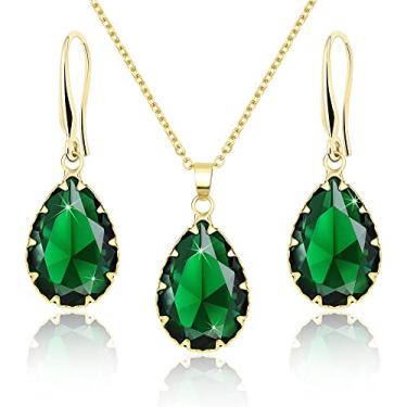 Imagem de Jertom Conjunto de joias de cristal austríaco banhado a ouro 14 k com pingente de gota e brincos em forma de pera para mulheres e meninas, emerald set gold, Latão Cobre Pedra preciosa, Esmeralda sintética Zircônia cúbica Diamante criado