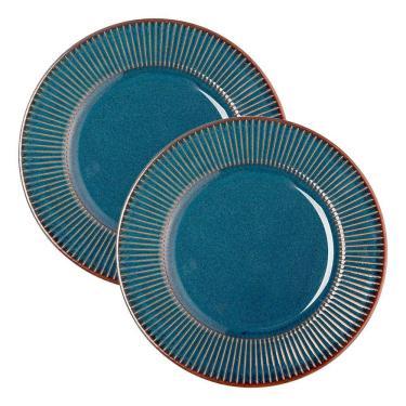 Imagem de Jogo 2 Prato De Sobremesa Ceramica Azul Linear Rústico 20cm Lyor