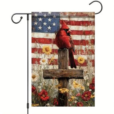 Imagem de Starlit Patio 4th of July Cardinal Bird Garden Flag 12x18 Vertical Dupla Face Vermelho Azul Floral Memorial Day Independence Day Decorações Externas Bandeira de Verão
