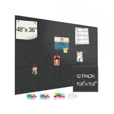 Imagem de Quadro de cortiça de feltro preto, 129 x 99 cm, 12 peças, quadro de avisos alternativo para escritório, azulejos de parede de feltro com autoadesivo removível e pinos, placa grande para decoração de