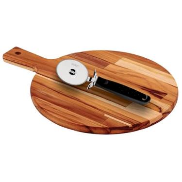 Imagem de Kit Tábua + Cortador de Pizza Tramontina em madeira Teca finger FSC com Acabamento Lixado