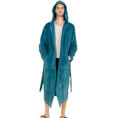 Imagem de LVTFCO Roupões de banho de lã coral com zíper bidirecional, pijama longo de flanela, ternos de spa com capuz, vestidos masculinos de inverno, verde escuro-GG