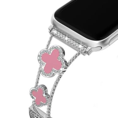 Imagem de Pulseira esportiva feminina compatível com IWatch de 38/40/41 mm 42/44/45/49 mm, série 9, 8, 7, 6, 5, 4, 3, 2 1 (42/44/45/49 mm, rosa trevo + prata)