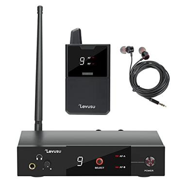 Imagem de Levusu Sistema de monitor intra-auricular sem fio UHF com fone de ouvido, 180 pés, suporte em rack, transmissor de sistema estéreo IEM profissional e pacote de cinto para estúdio, guitarra, ensaio de