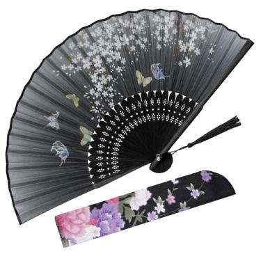 Imagem de Jmkcoz Ventiladores dobráveis portáteis para mulheres, dobrável, chinês, japonês, vintage, bambu, seda, leque para casamento, dança, música, festival, decoração de festa (preto)