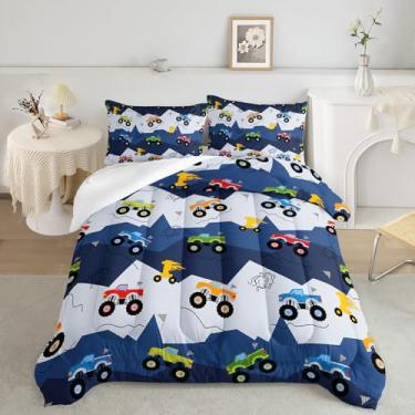 Imagem de QOOMO Conjunto de 3 peças de edredom de carro, caminhão, para adolescentes, meninos, meninas, estampa de carros, com 2 fronhas, alternativa, macio e leve