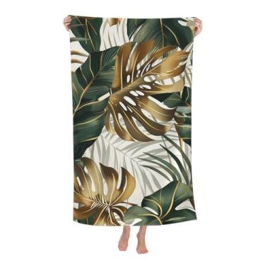 Imagem de VODRM Toalha de praia botânica tropical, 81 x 132 cm, microfibra de secagem rápida, dourada, verde, folhas de palmeira Monstera, macias, leves, grandes, sem areia, para viagens, piscina, natação