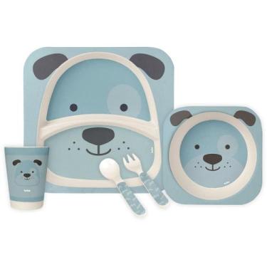 Imagem de Kit refeicao com prato raso bowl copinho colher e garfo buba azul bamb