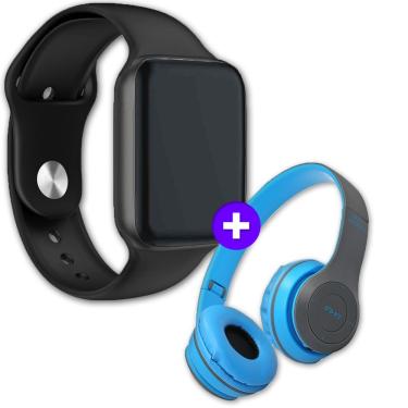 Imagem de Kit Smartwatch Iwo 9 44mm Preto + Headphone Sem Fio P47 Azul