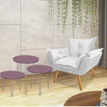 Imagem de Kit Poltrona Opala Com 3 Mesas Roma Ferro Cinza Tampo Redondo Rose Sintético Branco