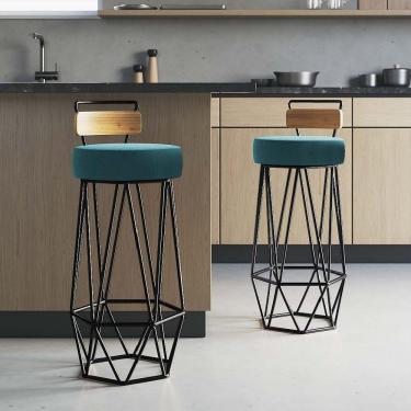 Imagem de Kit 02 Banqueta Com Encosto Botty Cozinha Rosa Ferro Preto Suede Azul Turquesa - Amey Decor