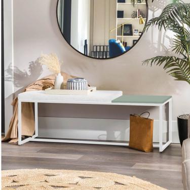 Imagem de Banco Recamier Puff 195cm Industrial Branco Corino Branco Tampo Quadrado Mdf Verde