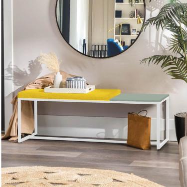 Imagem de Banco Recamier Puff 140cm Industrial Branco Suede Amarelo Tampo Quadrado Mdf Verde