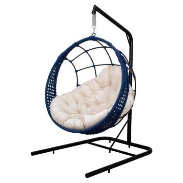 Imagem de Cadeira Balanço Ninho Suspenso Em Corda Náutica Luxo C- Suporte Azul-branco